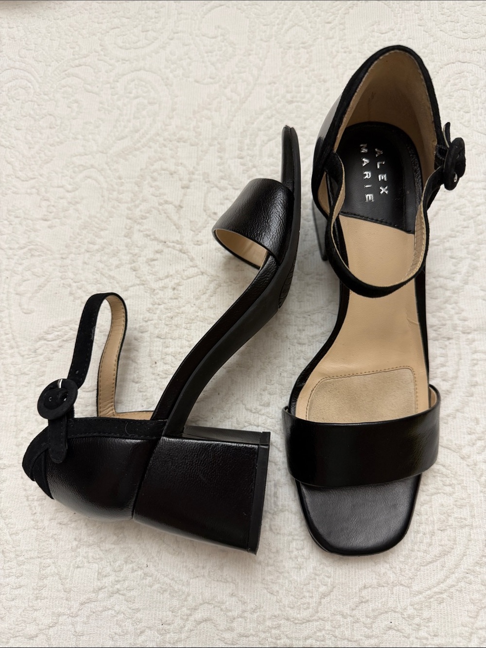 Alex Marie Black Leather/Suede Block Heel Sandals US 7.5M